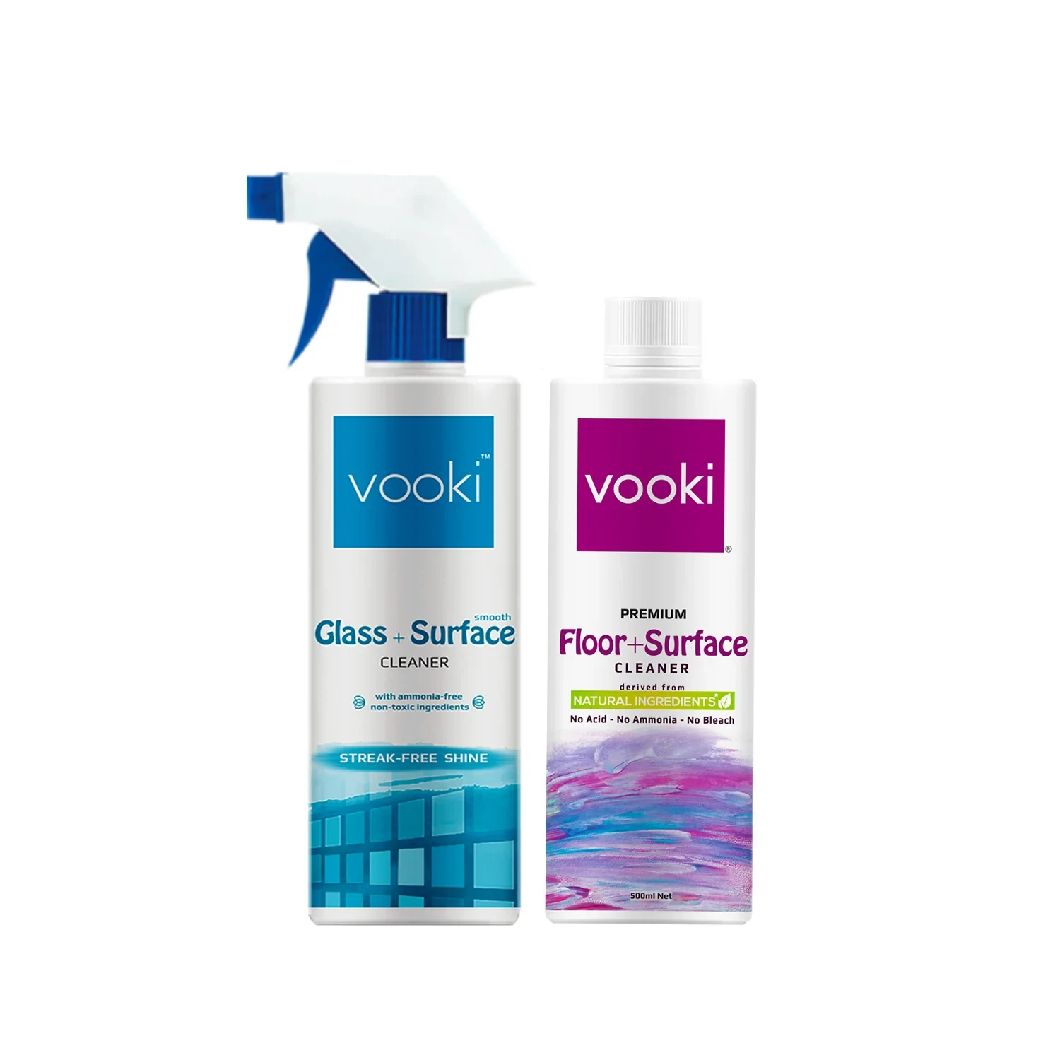 Vooki Glass+Surface Cleaner - 500ml & Floor+Surface Cleaner - 500ml | Combo (Pack of 2)